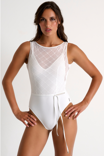 One-piece with high collar and signature mesh