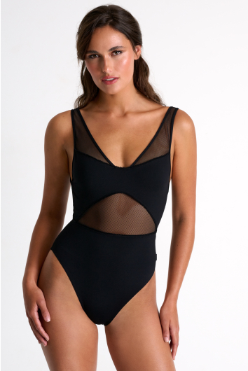 Maillot une-pièce en filet quadrillé à décolleté plongeant