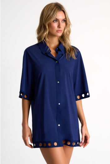 Button-down Lycra swimsuit cover-up with round cutouts
