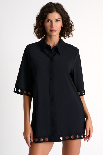Button-down Lycra swimsuit cover-up with round cutouts