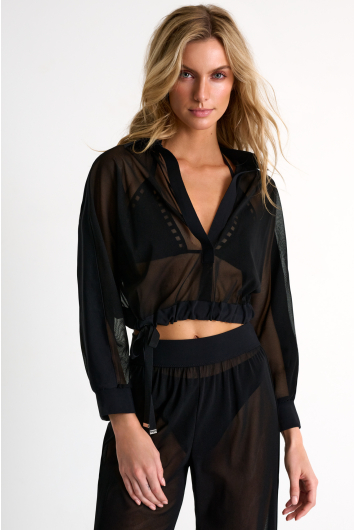 Cropped long-sleeve mesh shirt