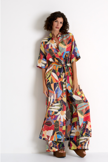 Longue robe chemisier en lin