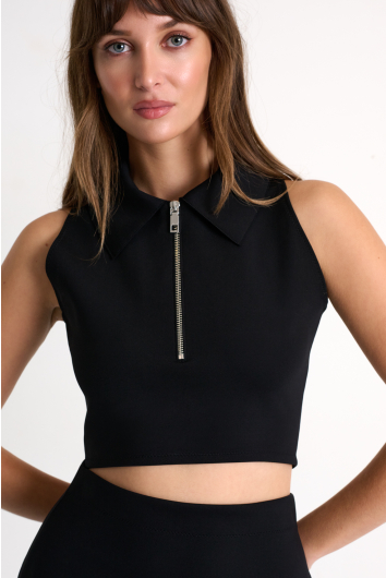 Zipped sleeveless cropped polo top