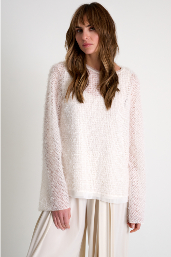 Feather-Effect Embroidered Tulle Top