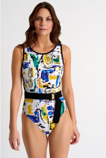 Belted high-neck one-piece